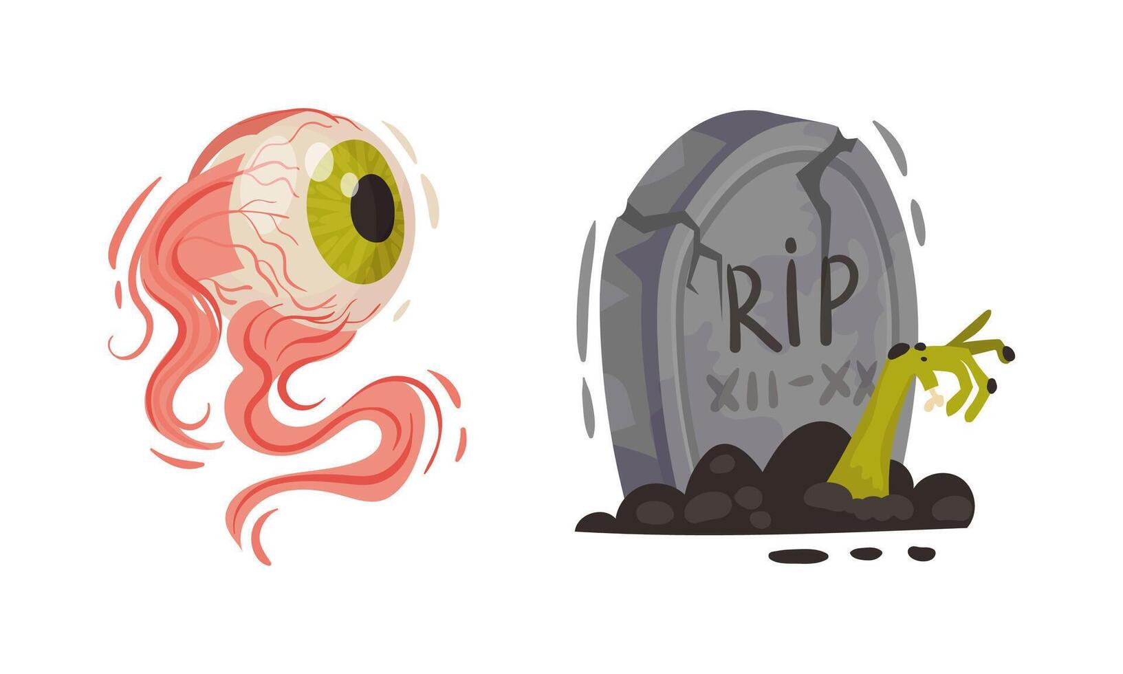 Tomb with Zombie Hand and Eye as Halloween Symbol Set vector