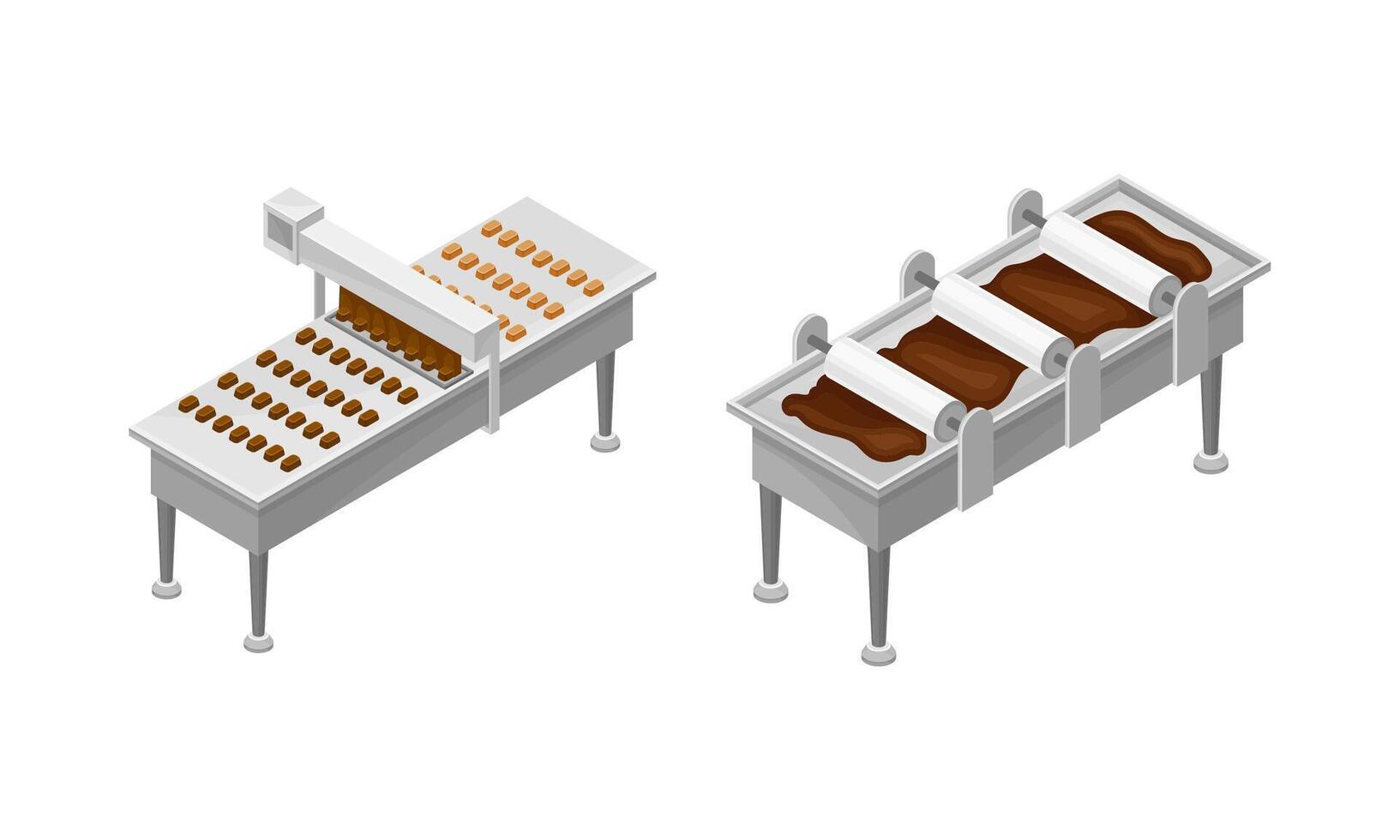 Chocolate production equipment set. Automated machinery line with sweets rested on It illustration vector