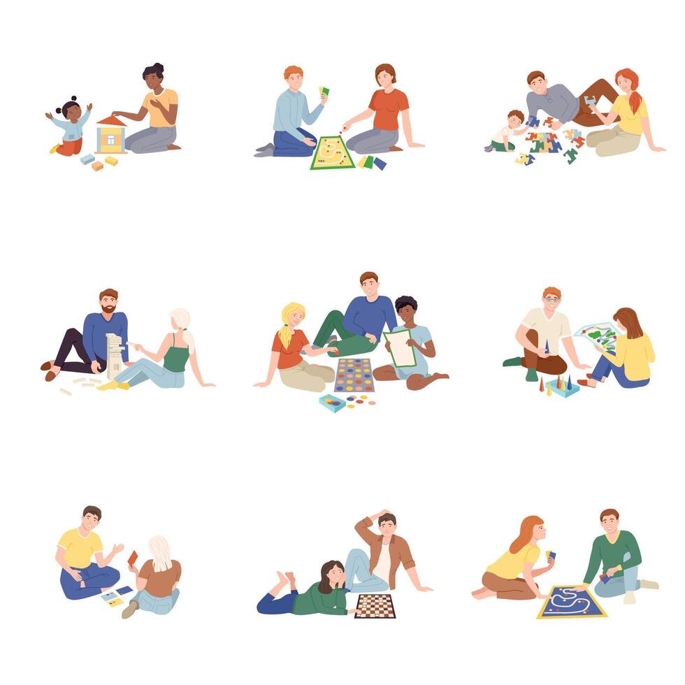 People sitting on the floor and playing board games set. Families having good time together at home cartoon illustration vector