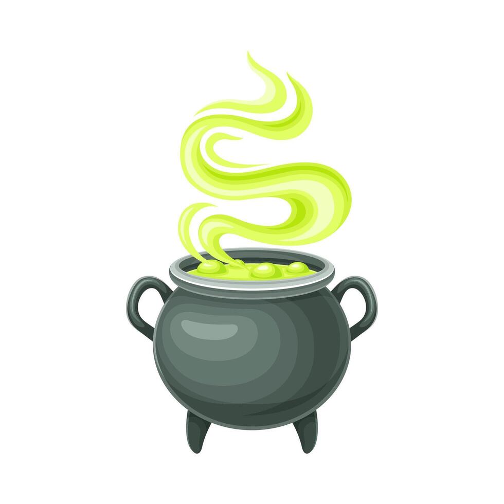 Witch cauldron with bubbling green potion. Magic object cartoon illustration vector