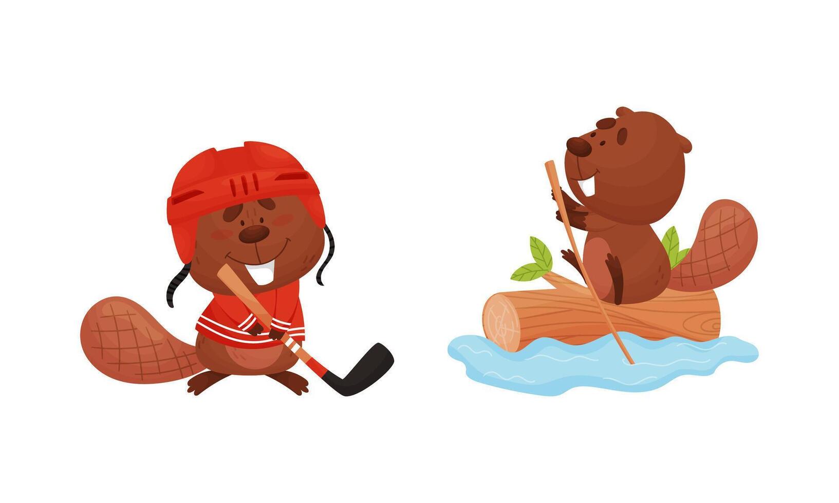 Funny Beaver Character with Flat Tail Playing Ice Hockey and Floating on Log Set vector