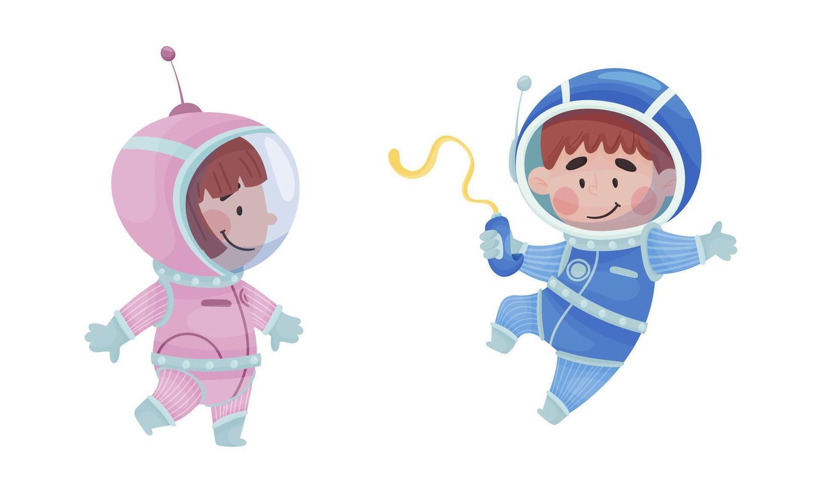 Little Kid Astronaut Wearing Spacesuit Floating Exploring the Moon Set vector