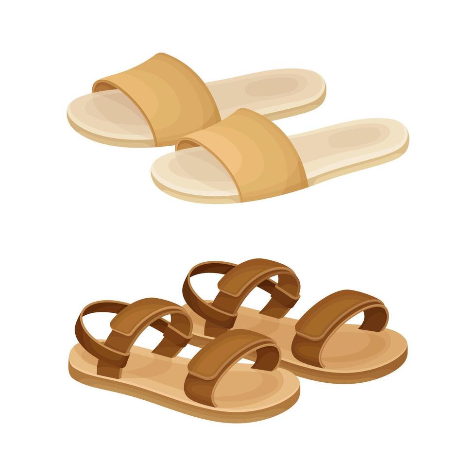 Fashionable shoes set. Sandals and flip flops footwear cartoon illustration vector