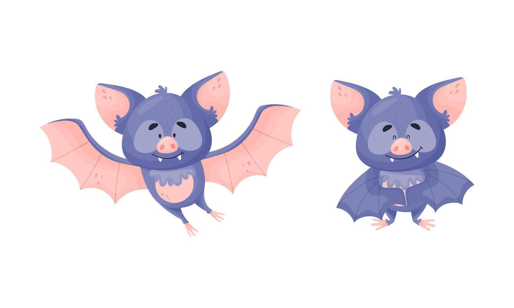 Funny Purple Bat Character Fluttering and Standing Set vector