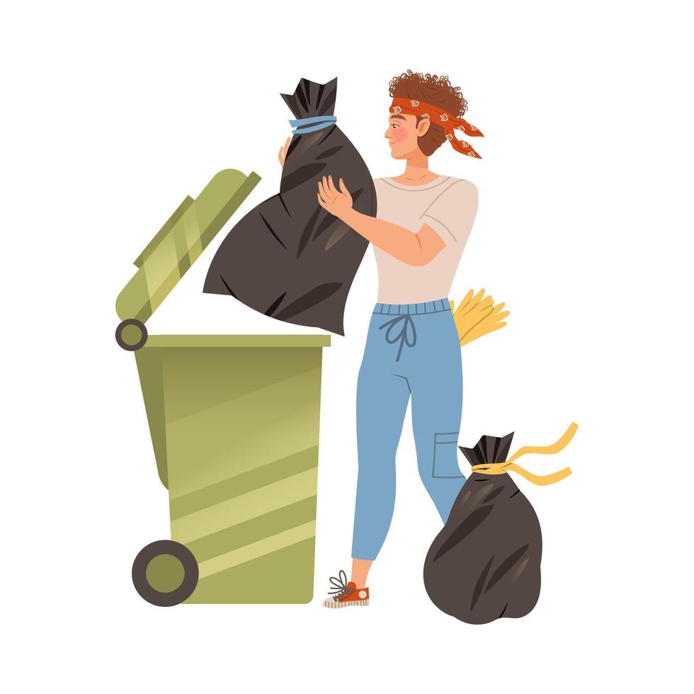 Man throwing plastic bag into trash bin. Househusband doing daily routine cartoon illustration vector