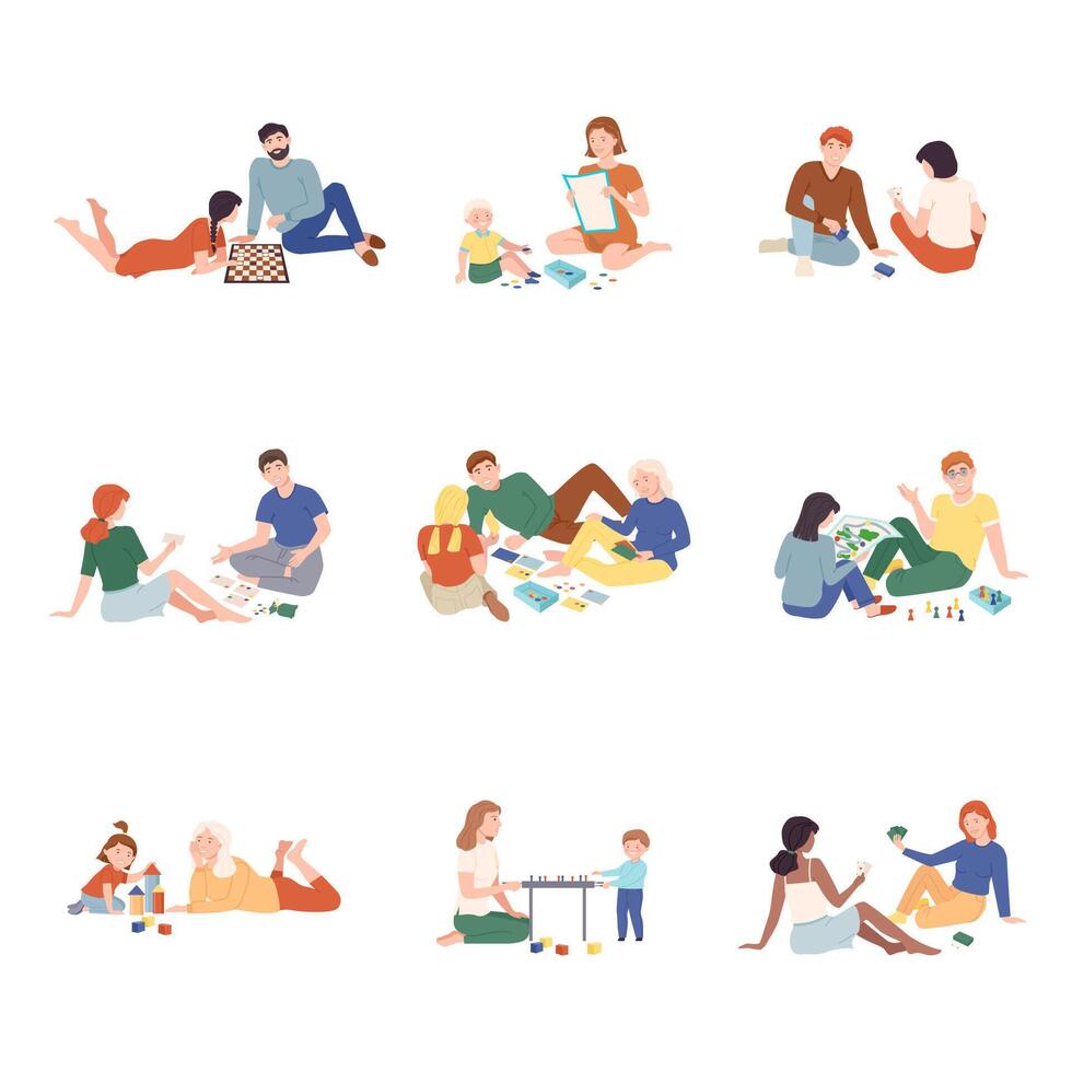 People playing board games set. Families having good time together at home cartoon illustration vector