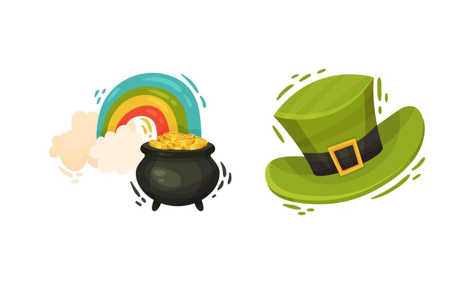 Happy Saint Patrick Day set. Creen hat, rainbow and cauldron of golden coins traditional symbols of Irish holiday cartoon illustration vector