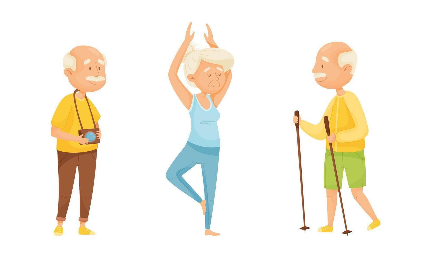 Set of elderly people enjoying various hobbies. Senior men and women doing yoga,nordic walking, photographing illustration vector