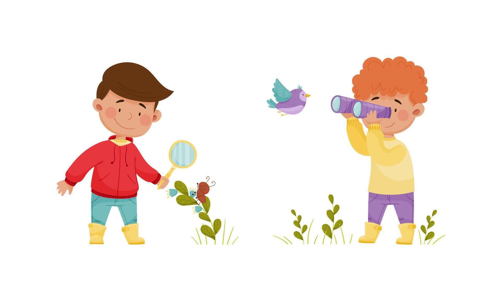Cute kids exploring birds in forest or park set. Nature lovers watching birds through magnifying glass and binoculars cartoon illustration vector