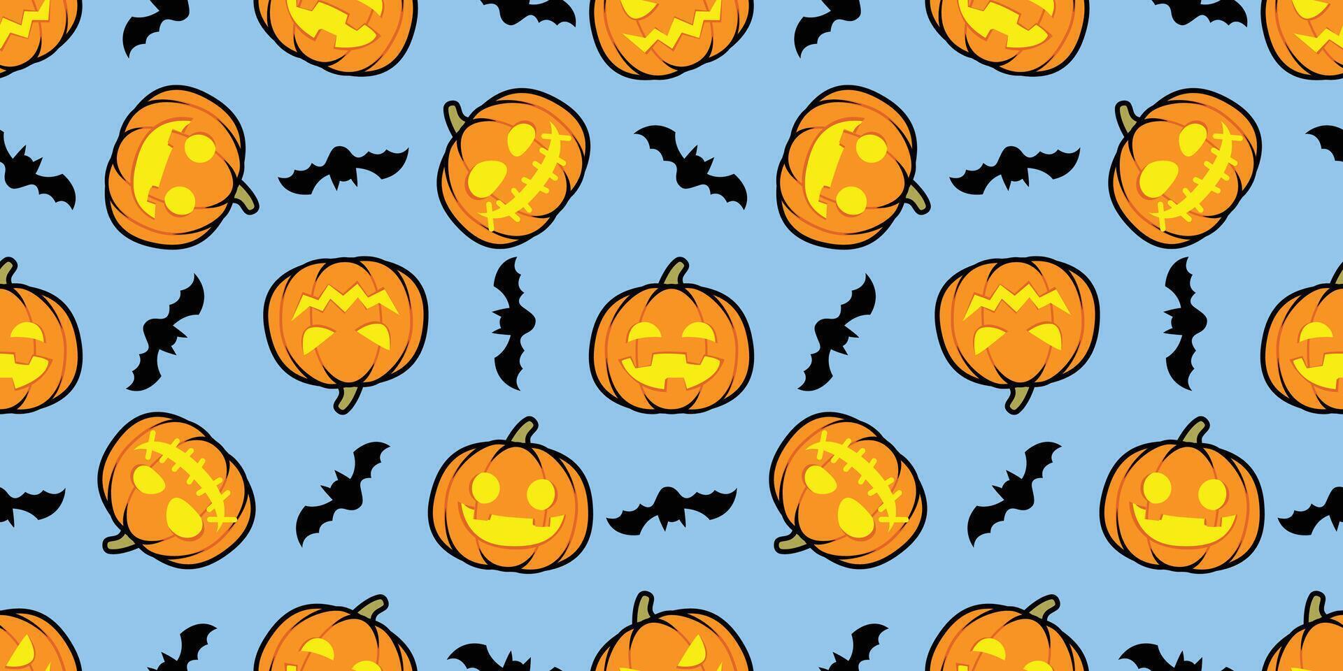 Halloween pumpkin jack o' lantern and bat cartoon seamless pattern vector