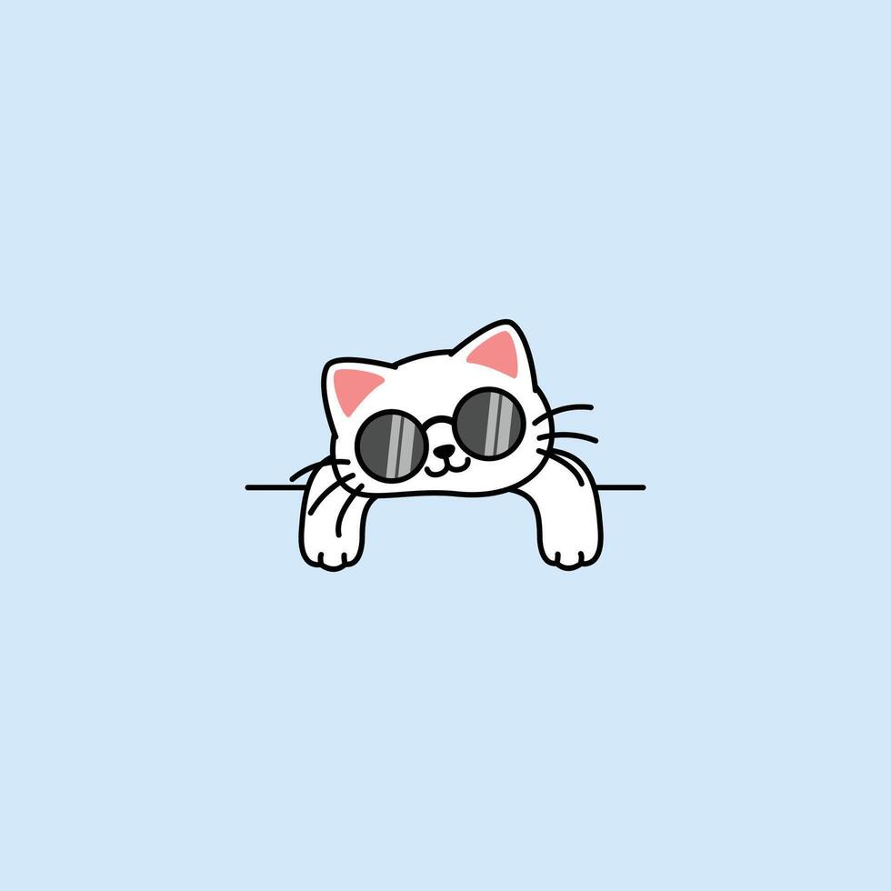 Cute lazy white cat with sunglasses cartoon vector