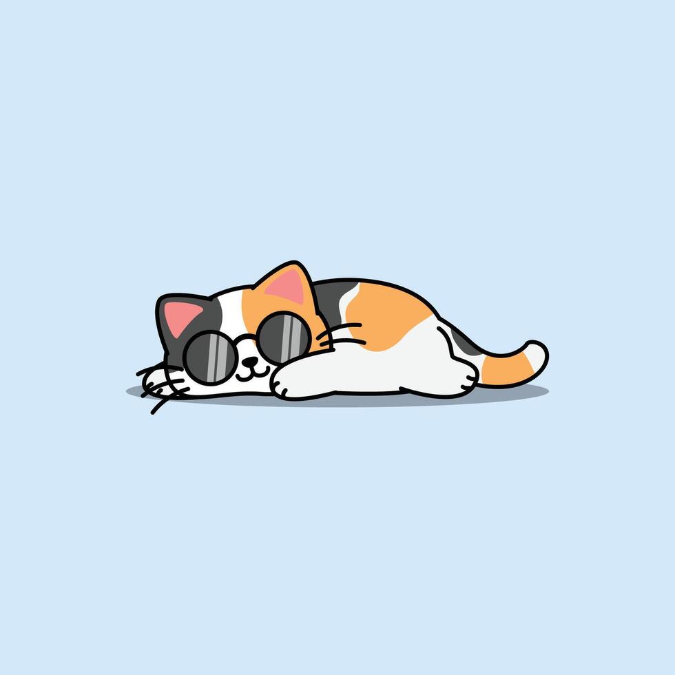 Lazy calico cat with sunglasses sleeping cartoon, Cute fat cat three color vector