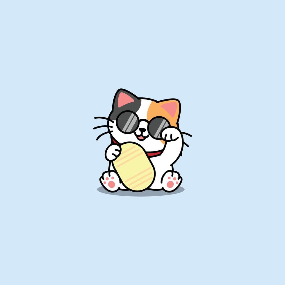 Maneki neko kawaii lucky cat three color with sunglasses cartoon vector