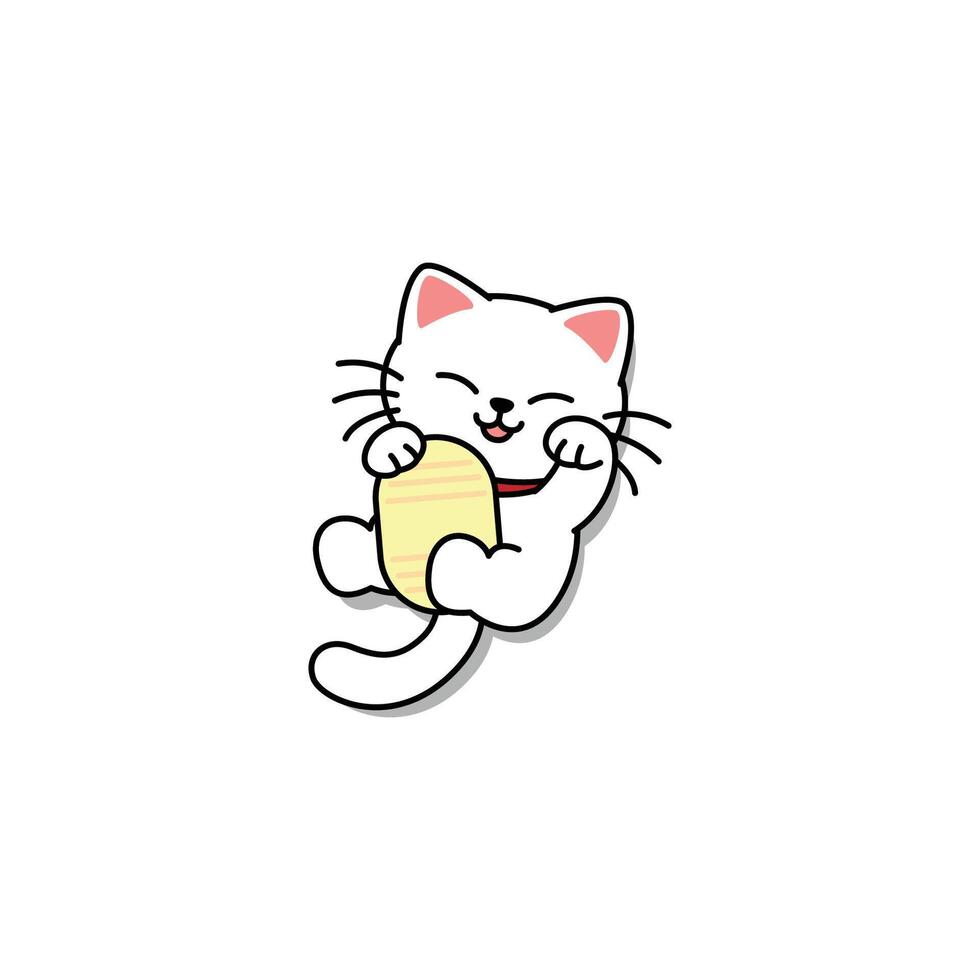 Maneki neko kawaii lucky cat lying belly up cartoon vector