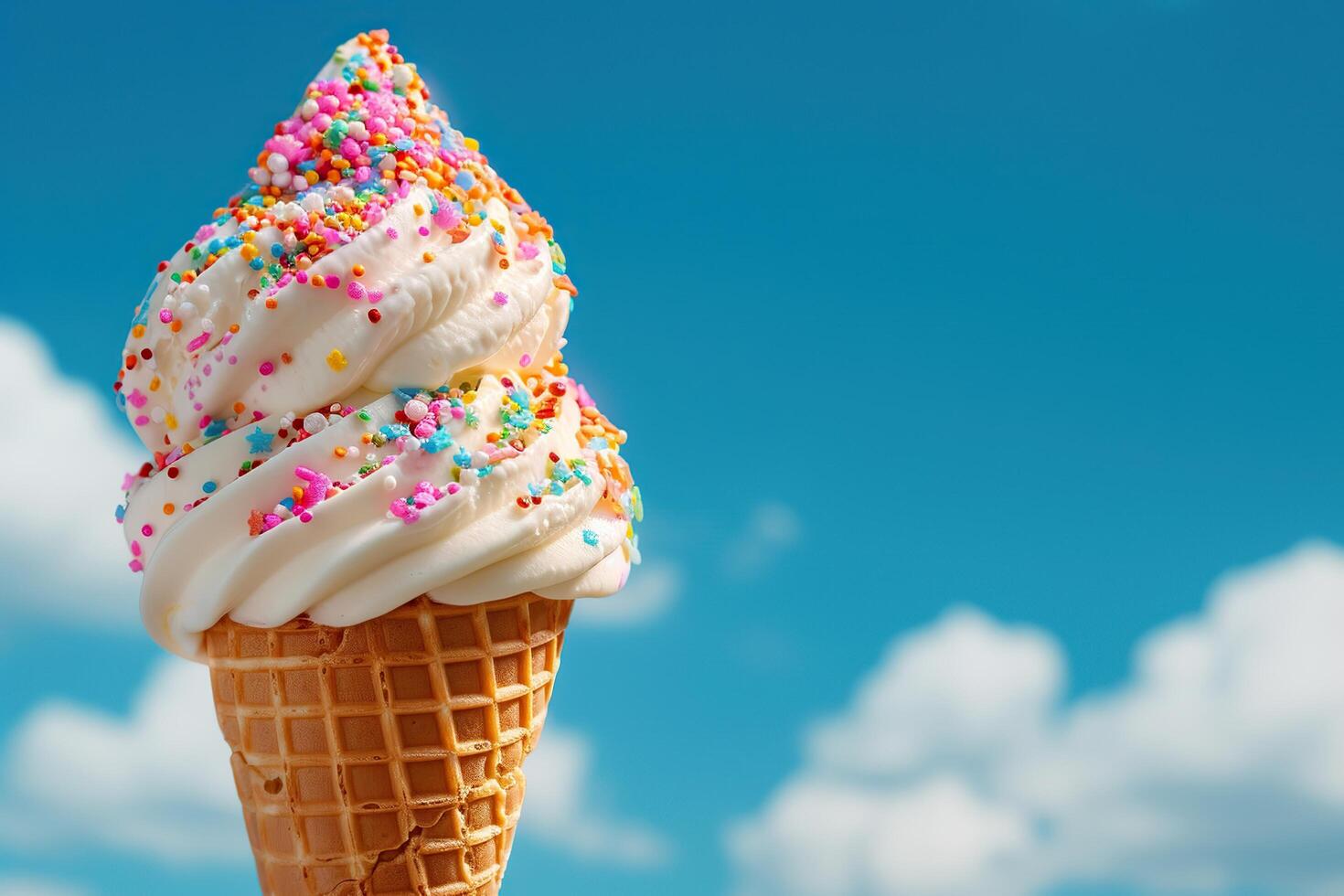Ice cream with sprinkles in waffle cone on blue sky background photo