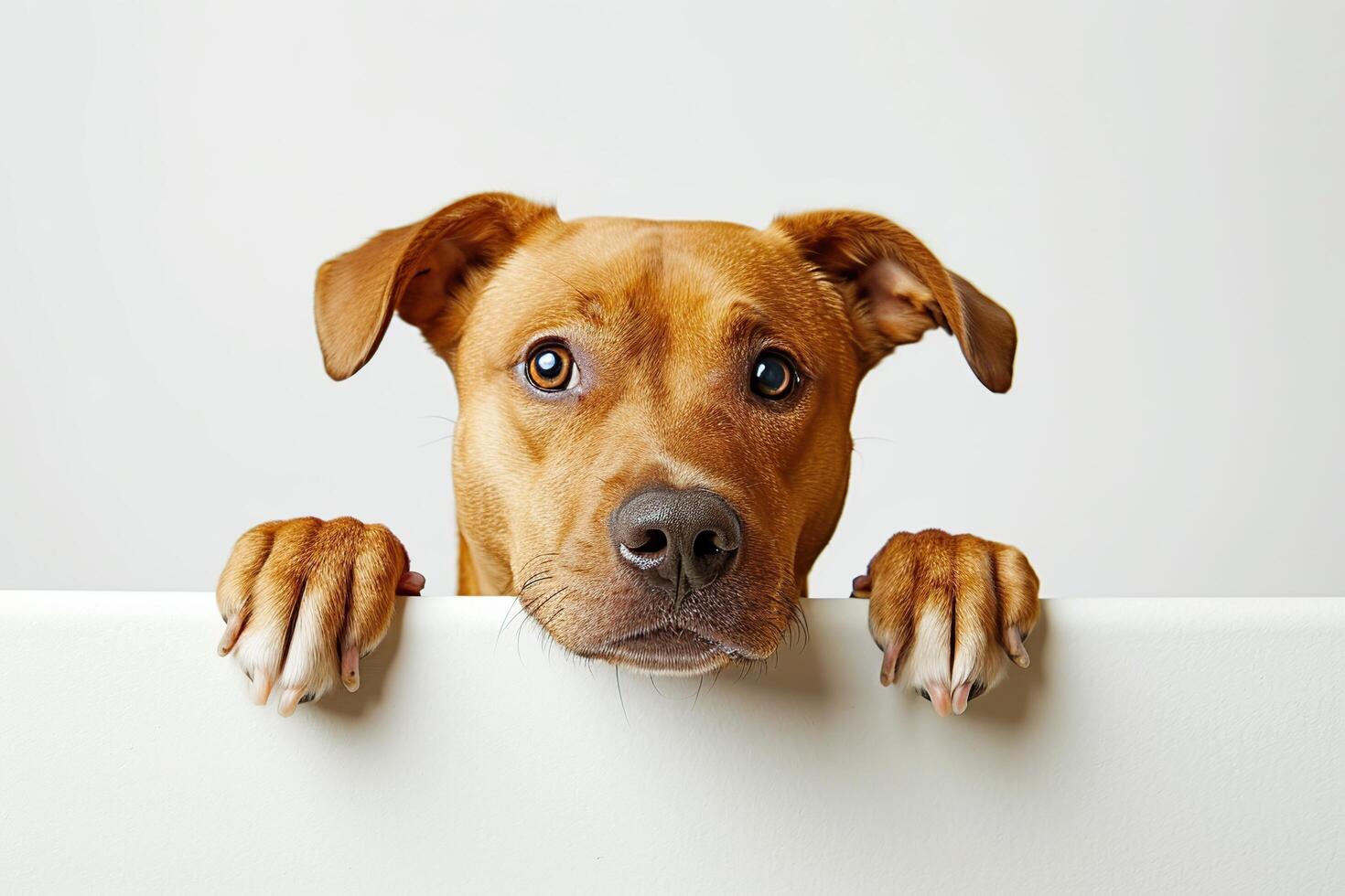 Cute dog peeking out of blank banner photo