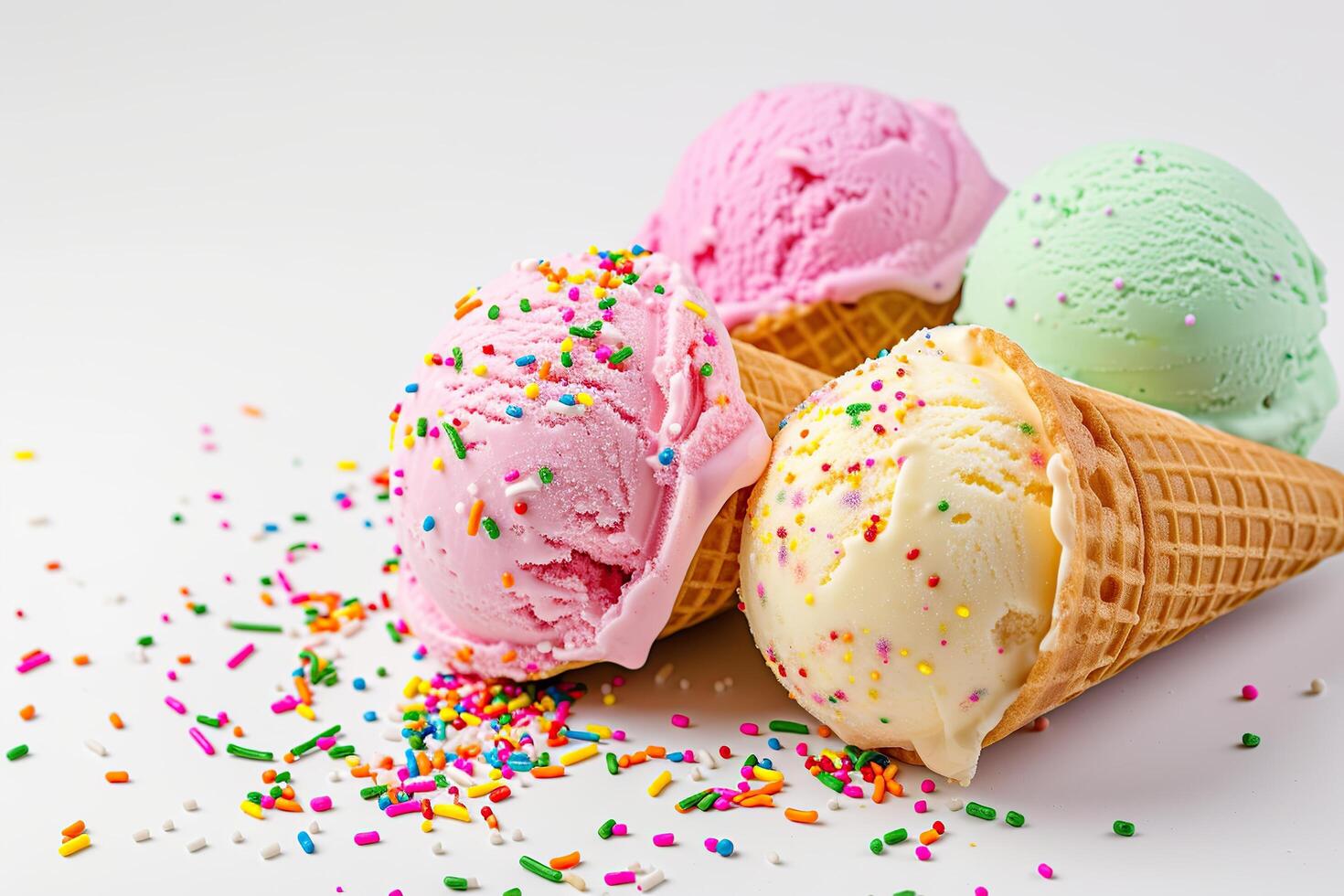 Colorful ice cream scoops with sprinkles in waffle cones on white background photo