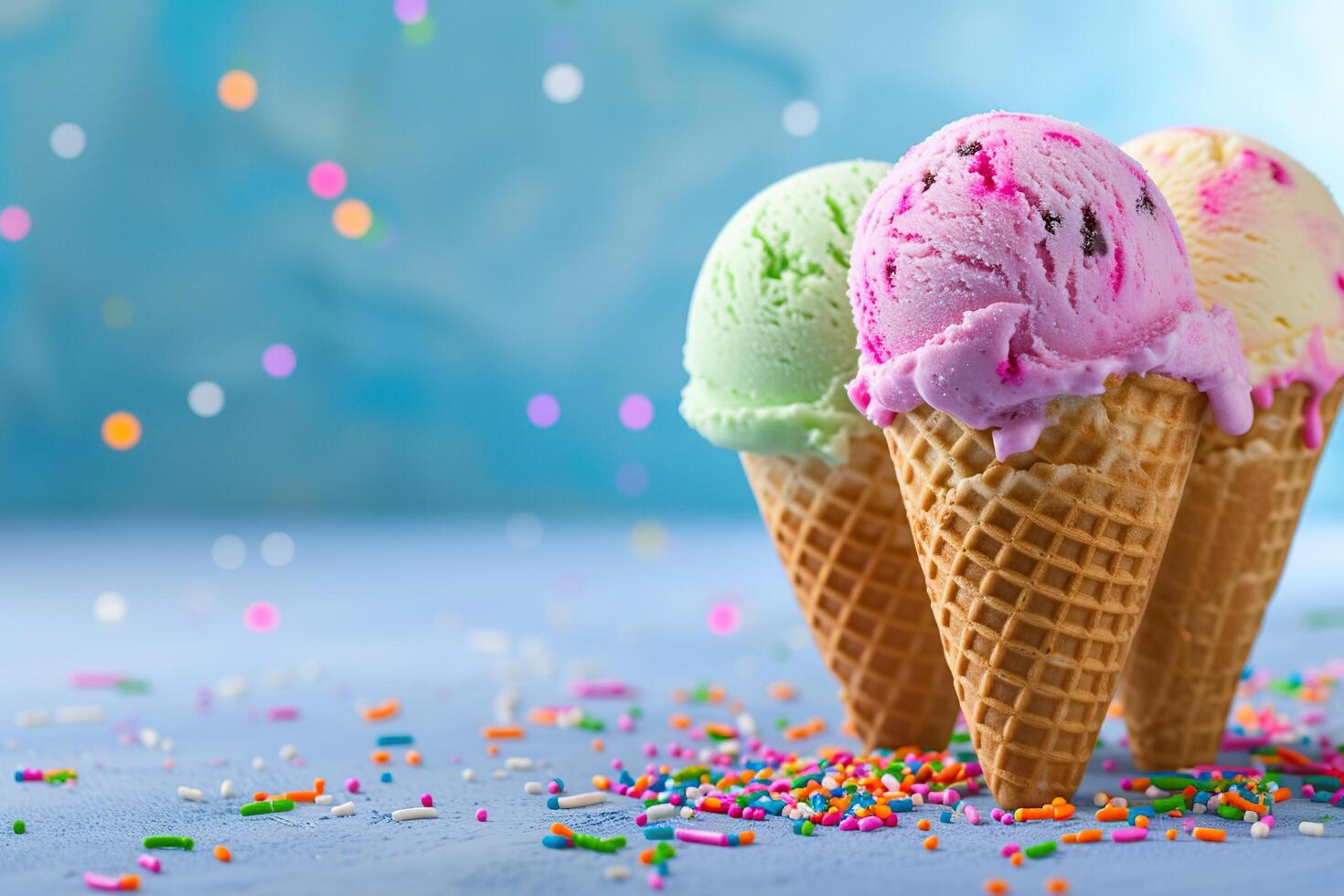 Colorful ice cream scoops with sprinkles in waffle cones on blue background photo