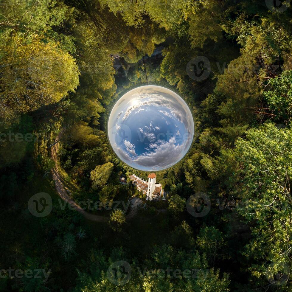 An aerial view of a house in the middle of a forest photo