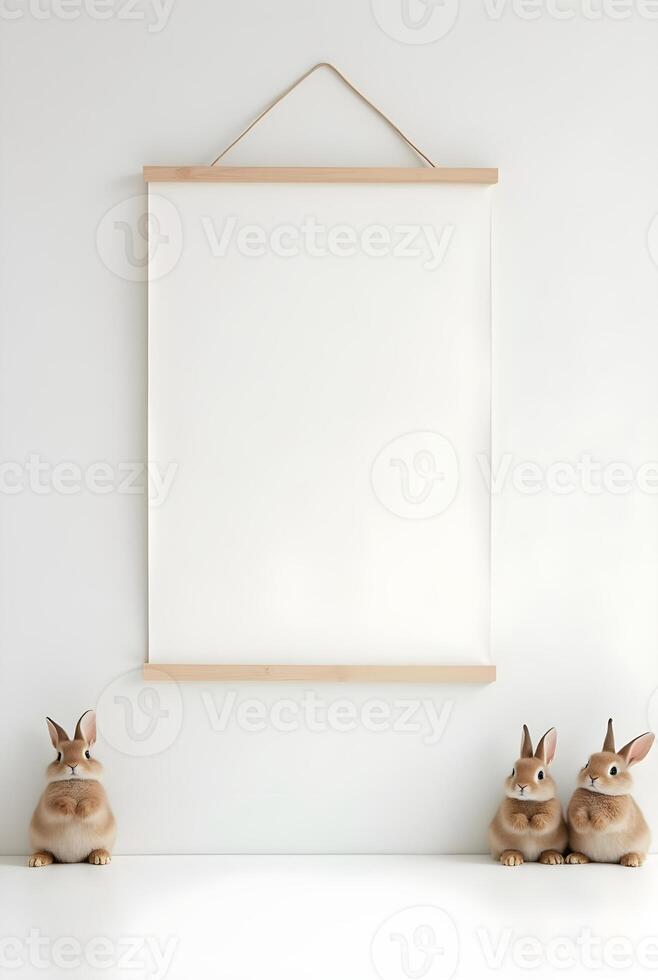 Decorative wall with empty frame and ceramic rabbits photo