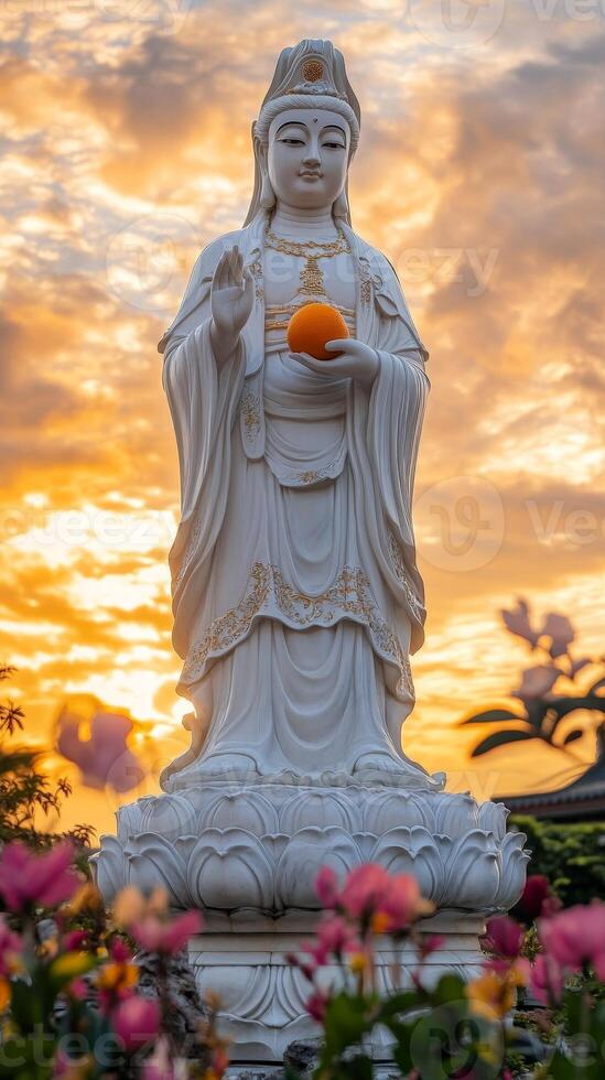 Majestic Guanyin Statue at Sunset Serene Garden Photography Tranquil Setting Inspirational View photo