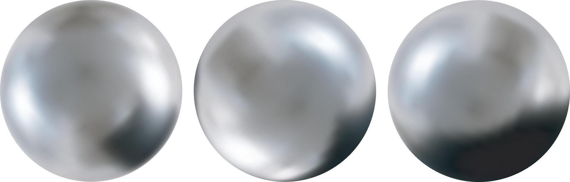 Three smooth chrome spheres are aligned in a row, reflecting light subtly. The sleek surface creates a dynamic visual effect, emphasizing their metallic quality in a minimal setting. Abstract balls. vector