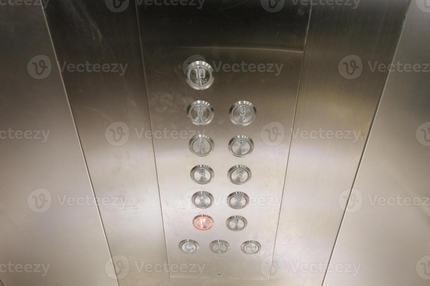 A detailed closeup view of the interior space of an elevator featuring buttons photo