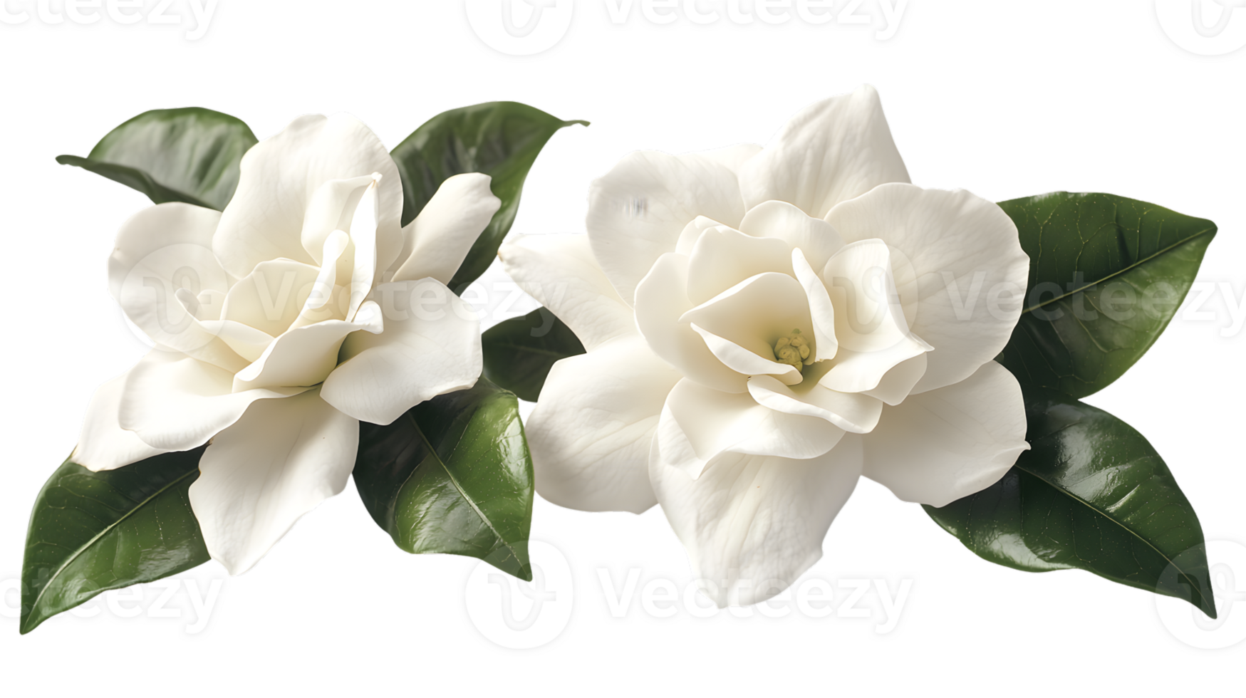 Two White Gardenia Blossoms with Green Leaves on Transparent Background png