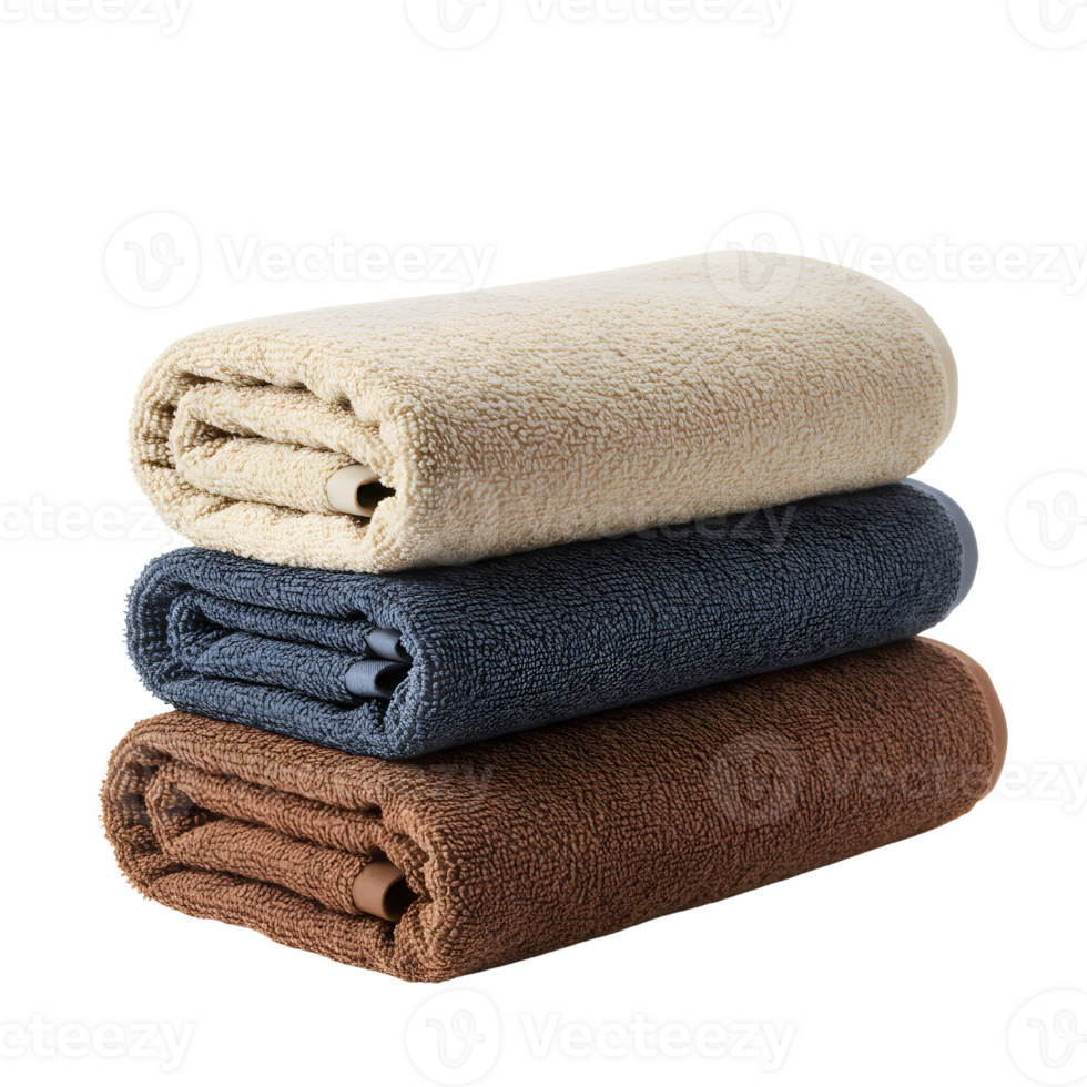 Stack of Rolled Bath Towels in Beige, Brown, and Dark Blue png