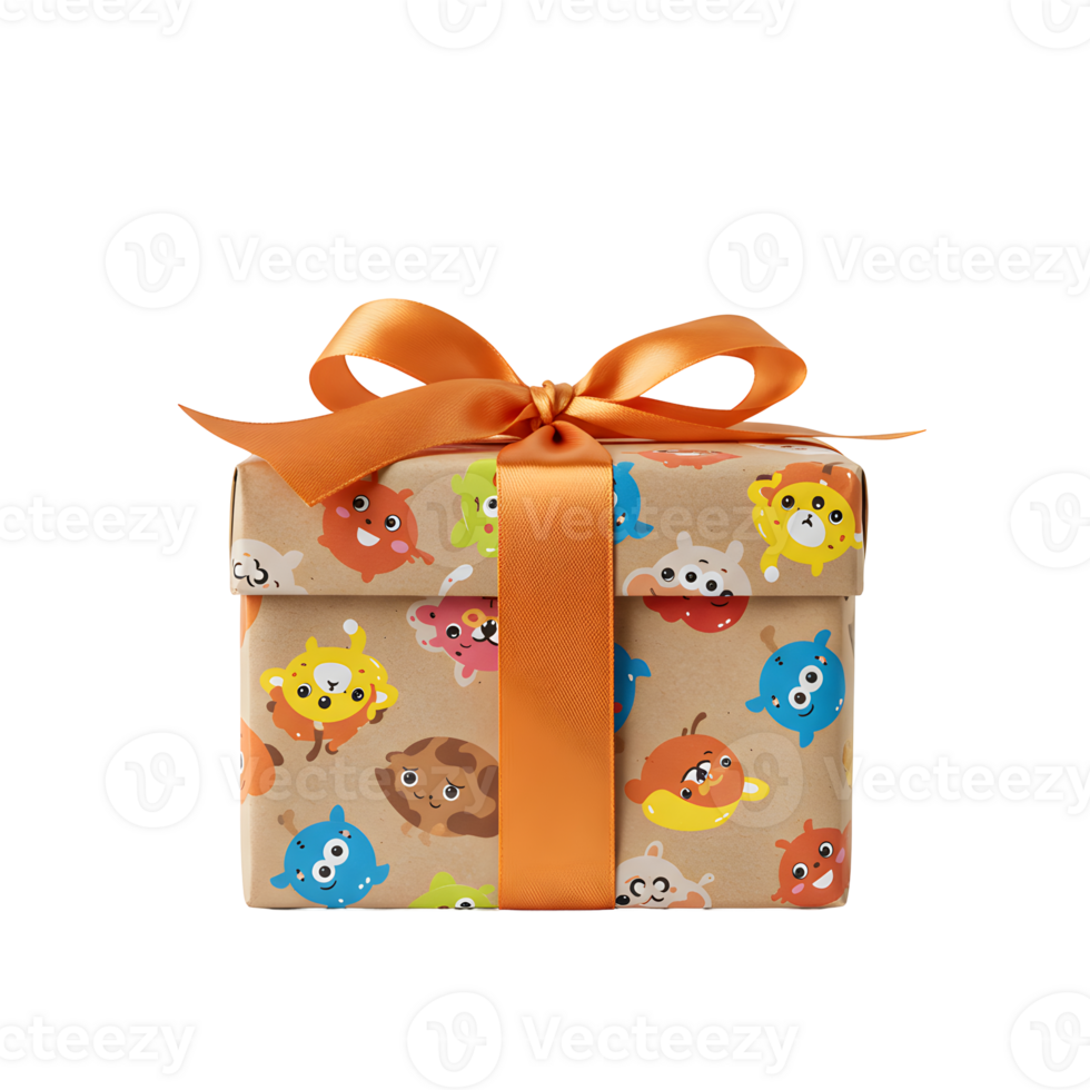 Small Gift Box with Orange Ribbon and Cartoon Animal Print png