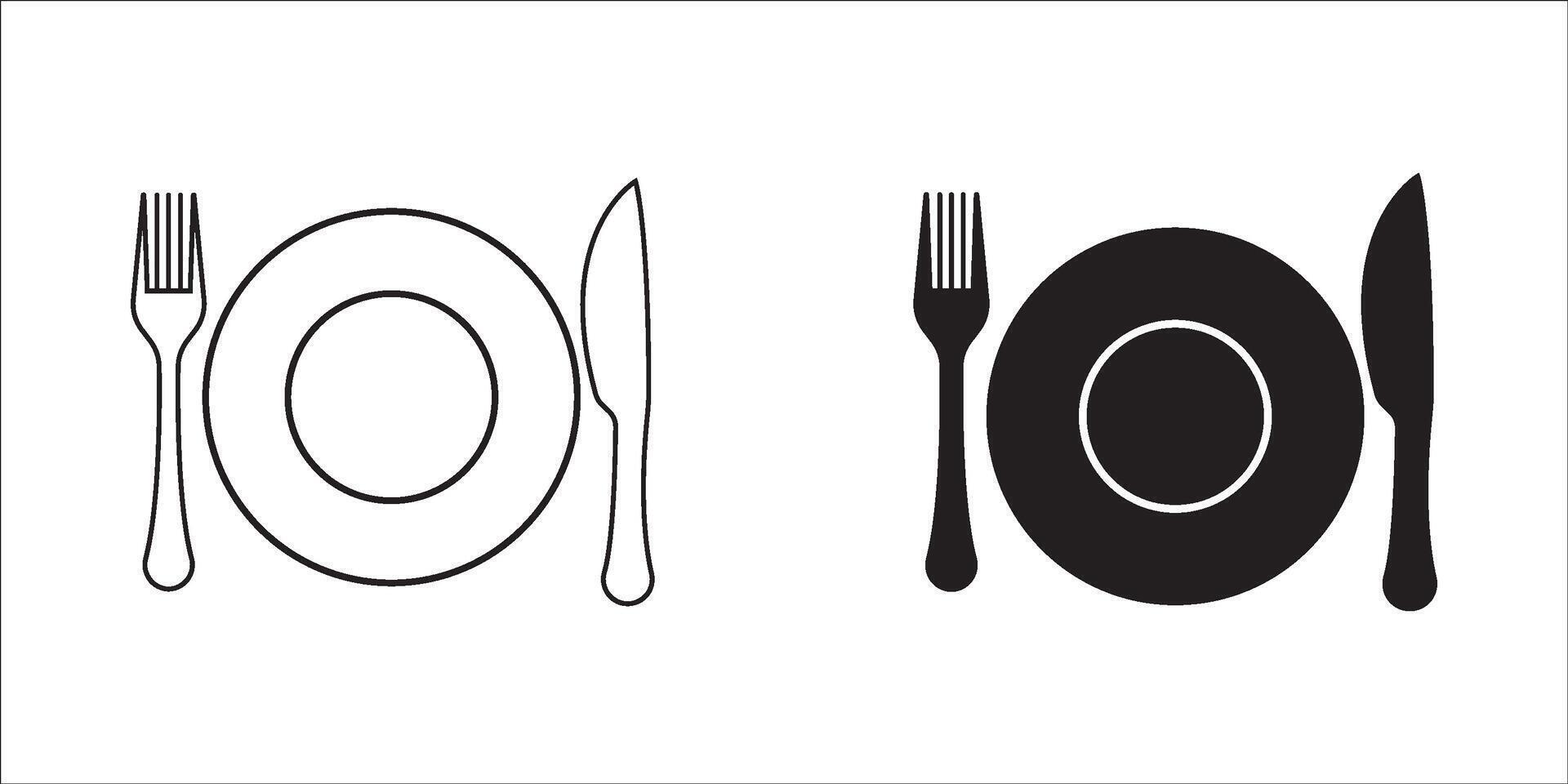 Plate, fork and knife icon set, in flat style. Food symbol isolated on white background. Bar, cafe, hotel concept vector