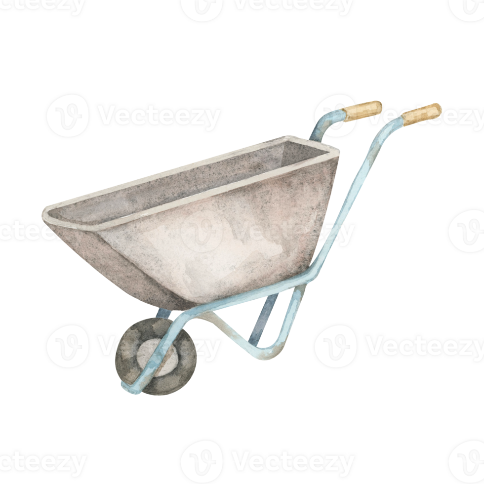 Gray metal wheelbarrow with light blue handles and wooden grips, watercolor illustration. Push cart clipart. Great for gardening flyers, spring-themed designs, seed packet labels, or DIY projects png