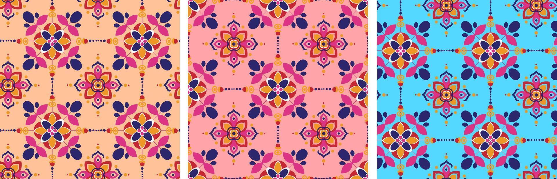 set of colorful indian seamless patterns for diwali, vibrant floral and geometric textile designs, ethnic motifs on peach pink blue backgrounds vector