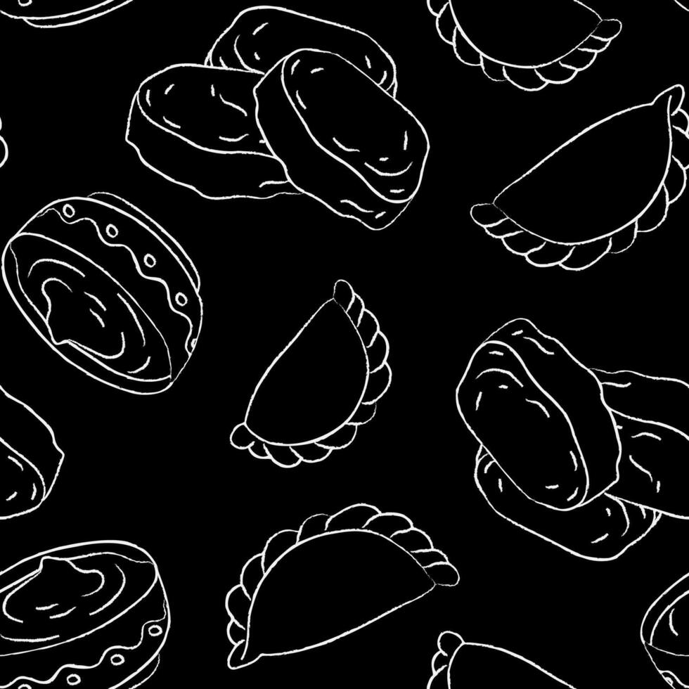 seamless pattern of white chalk outline ukrainian syrniki varenyky black background, repeating design cheese pancakes and dumplings, traditional cuisine vector