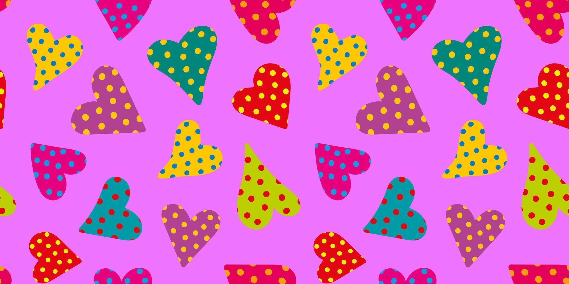 seamless pattern bright multicolored polka dot hearts on light purple background, fun bright love abstract design for Valentine's Day romantic theme vector