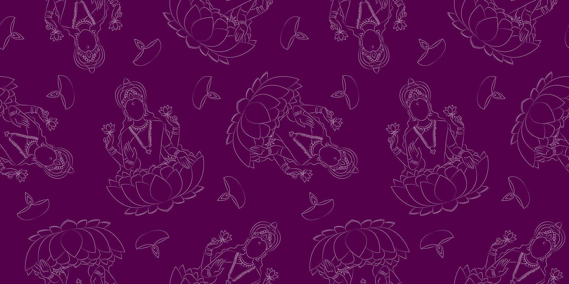 diwali seamless pattern with goddess lakshmi, lotus flowers and oil lamps, traditional indian celebration symbol, line art on dark purple background vector