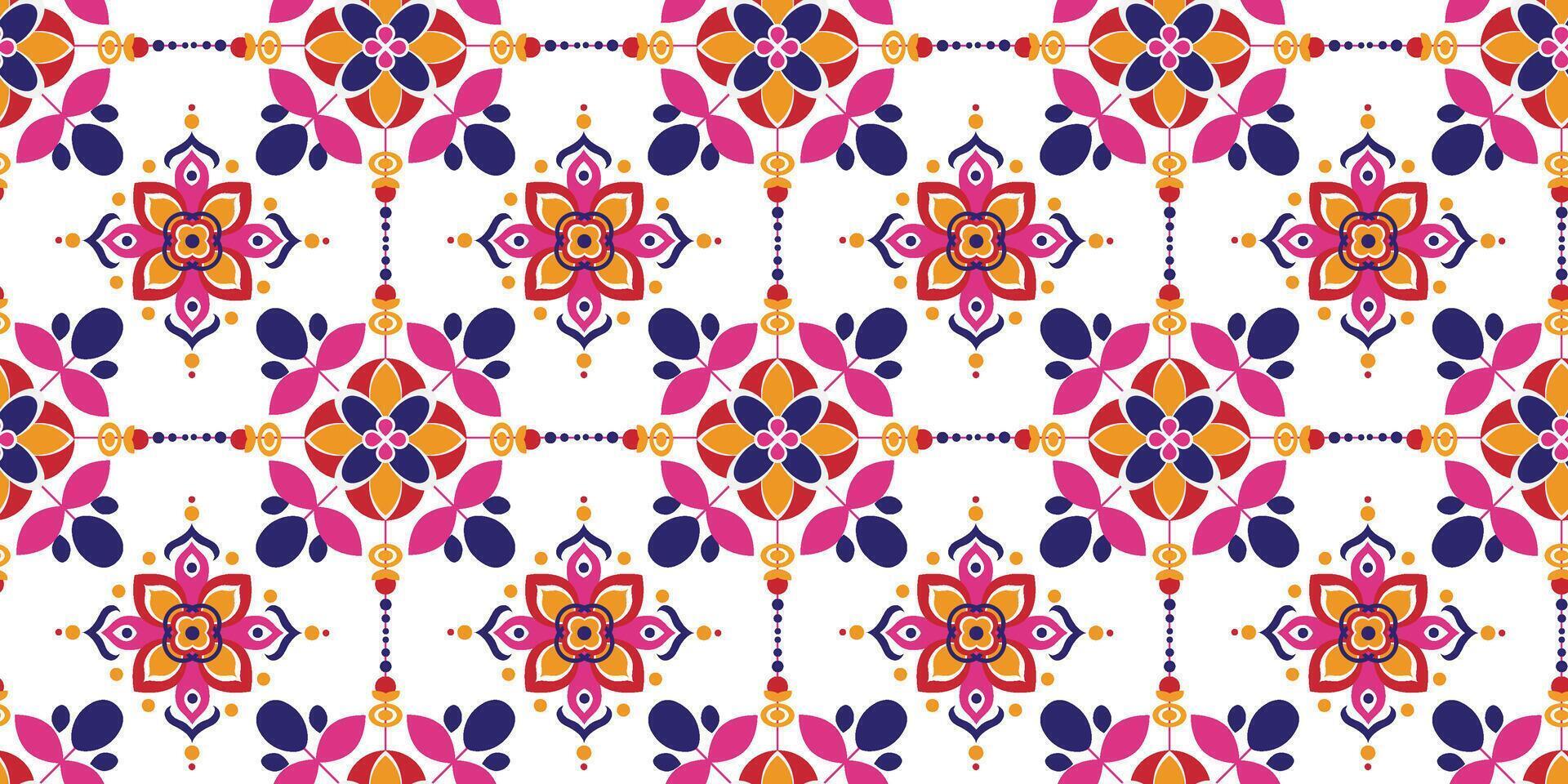 colorful kaleidoscope geometric pattern seamless background, vibrant abstract design symmetrical shapes, Rangoli elements Diwali celebration vector