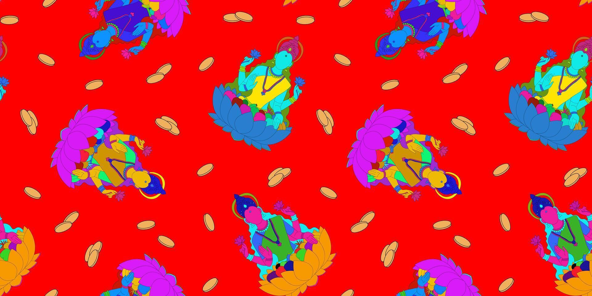 vibrant abstract seamless pattern festive diwali design colorful goddess lakshmi with golden coins bright red background textile decor design vector