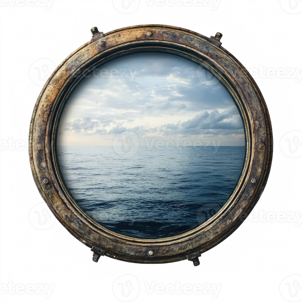 Ocean View Through Distressed Ship Porthole, Sea, Sky, Clouds, Aged Frame, Round png