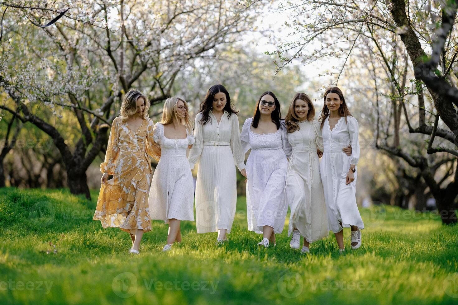 A group of women in elegant white dresses walks joyfully in spring photo