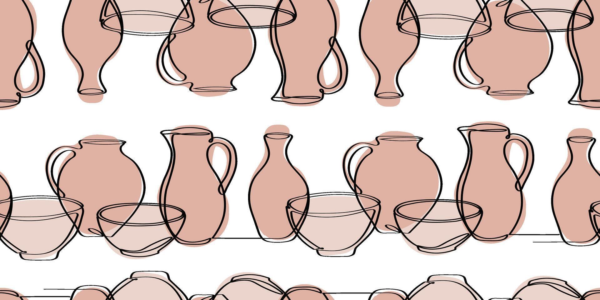 seamless pattern with clay pottery vases and bowls in line art style, natural pastel background, boho ceramic decor, minimalist earthenware texture design cards vector