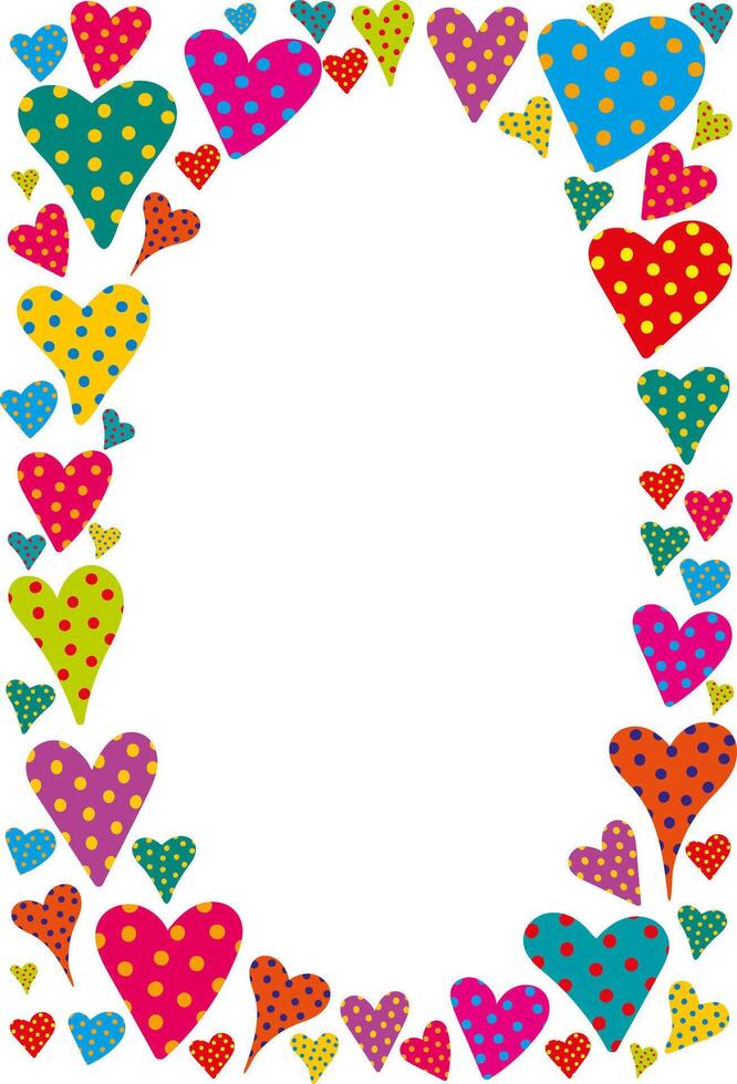 colorful polka dot hearts frame illustration, fun vibrant love border valentines day romantic design, copy space in the center, isolated white background vector