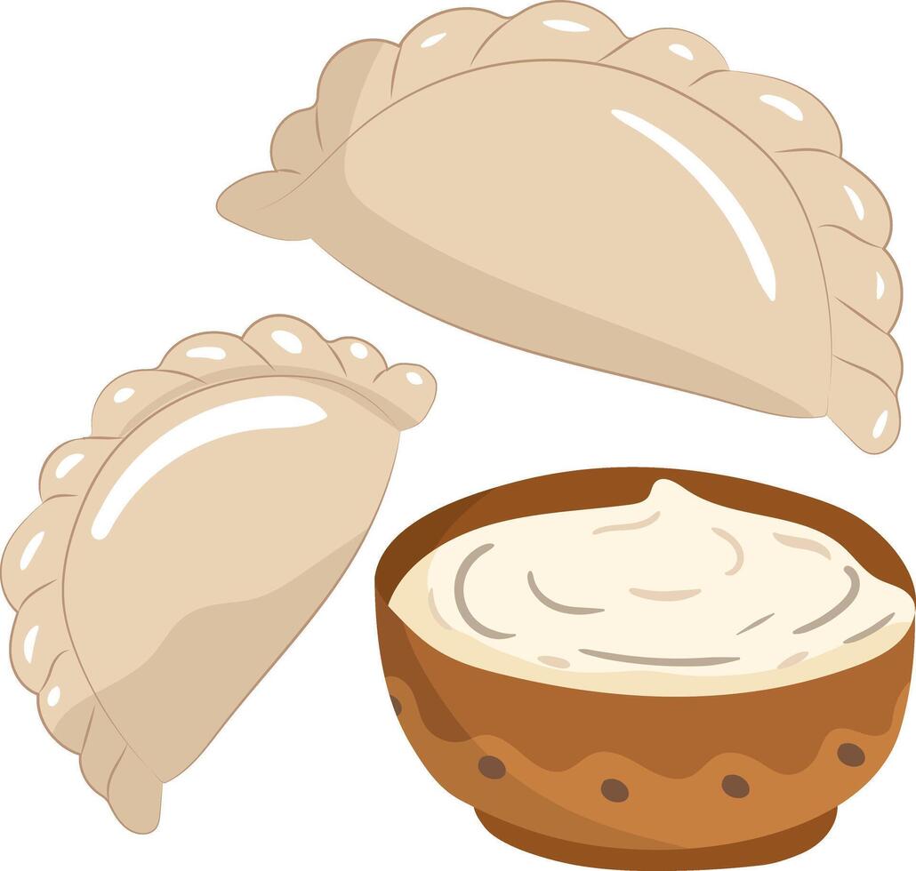 ukrainian varenyky dumplings illustration with sour cream, traditional savory dish, isolated on white background, national cuisine elements vector