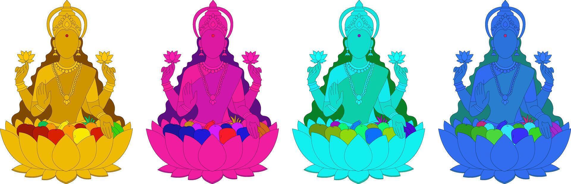 Goddess Lakshmi pop art set Diwali Lakshmi Puja celebration illustration with lotus, fruits, and symbolic mudras in four vibrant color versions vector