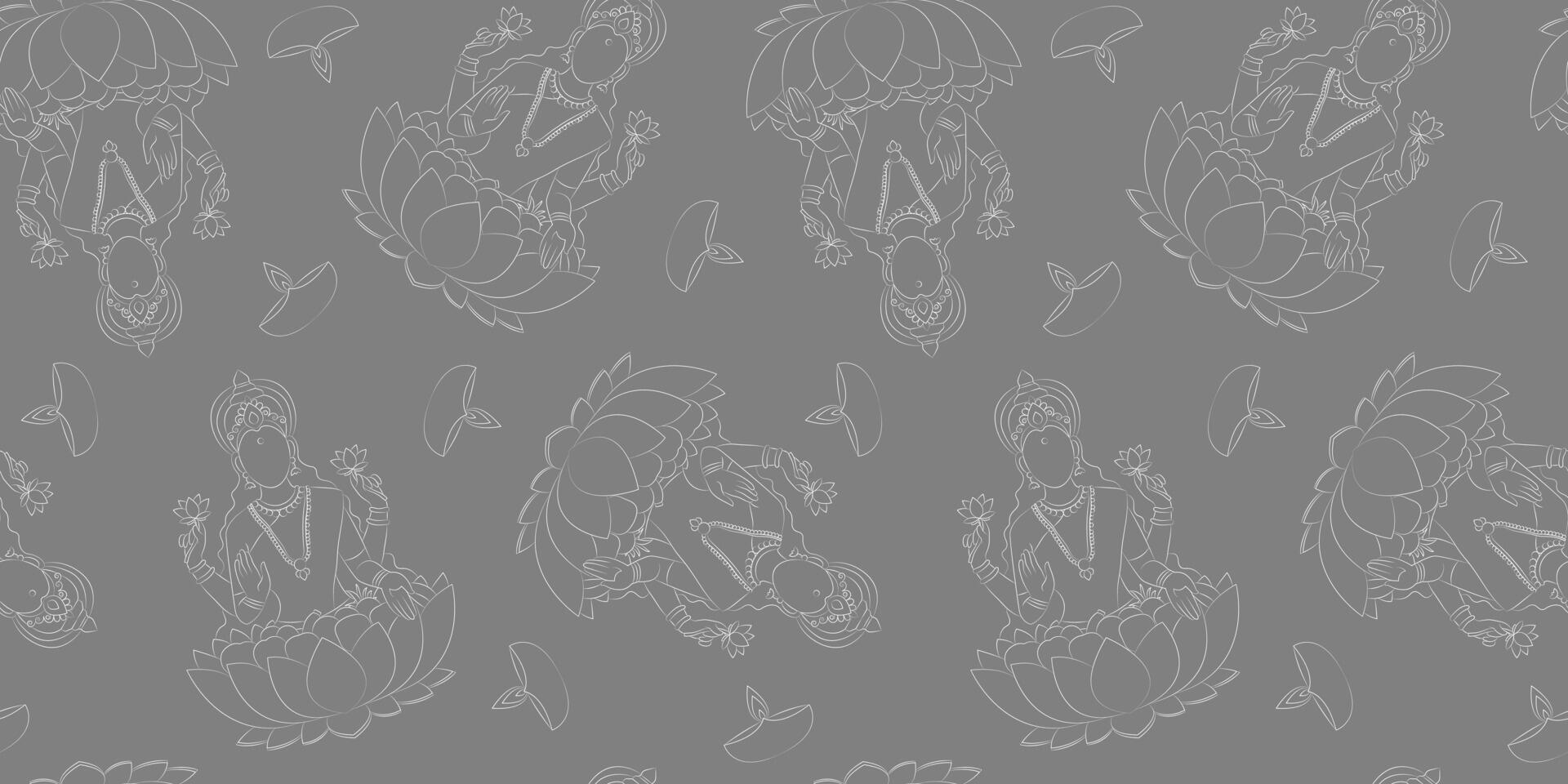 seamless grey pattern of lakshmi goddess with lotus, fruits diya lamps diwali festival background for indian celebration, textile and wrapping design vector