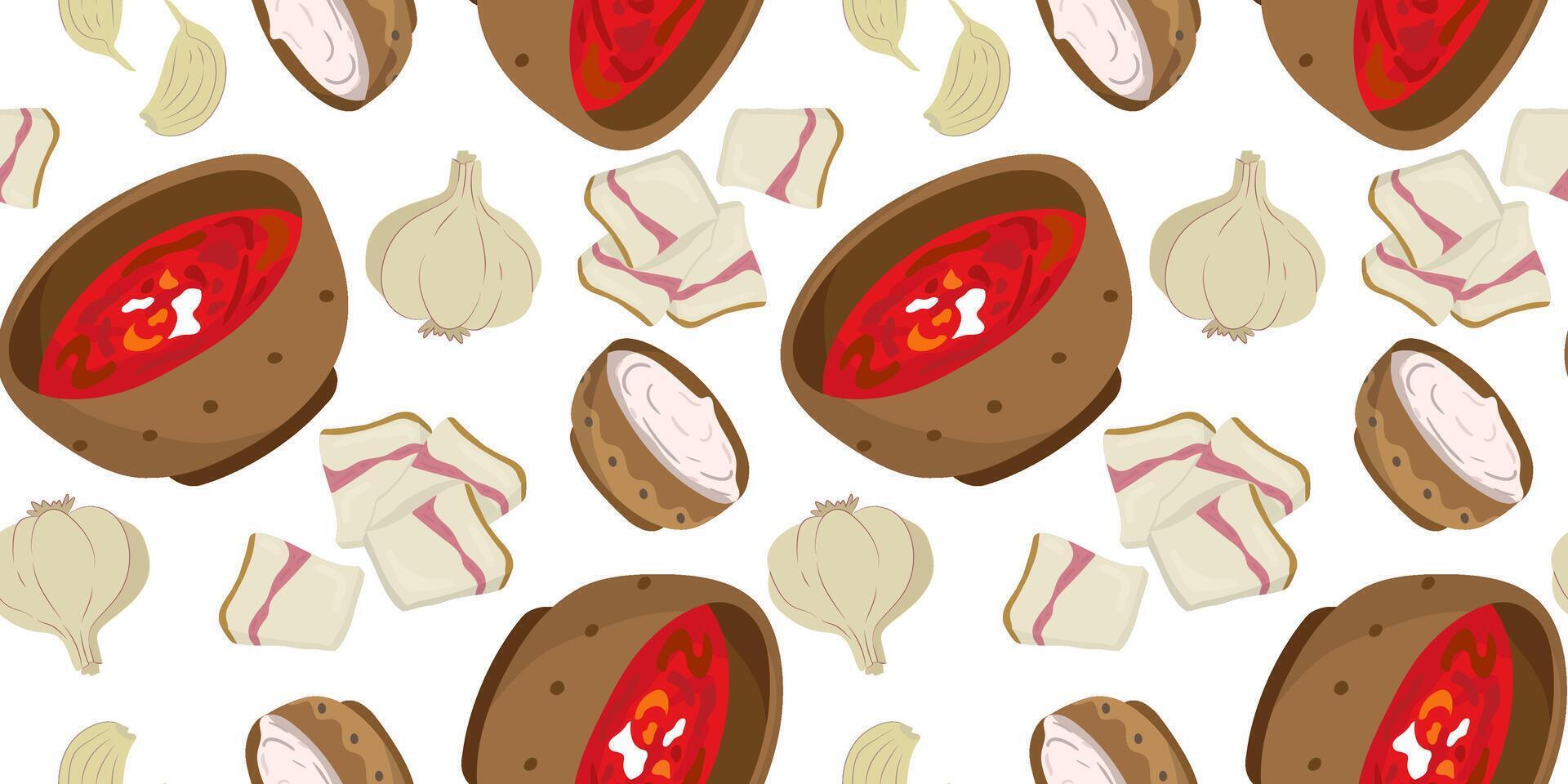seamless pattern of borscht, garlic, and salo on white background, traditional ukrainian food ingredients repeating design, rustic culinary texture vector