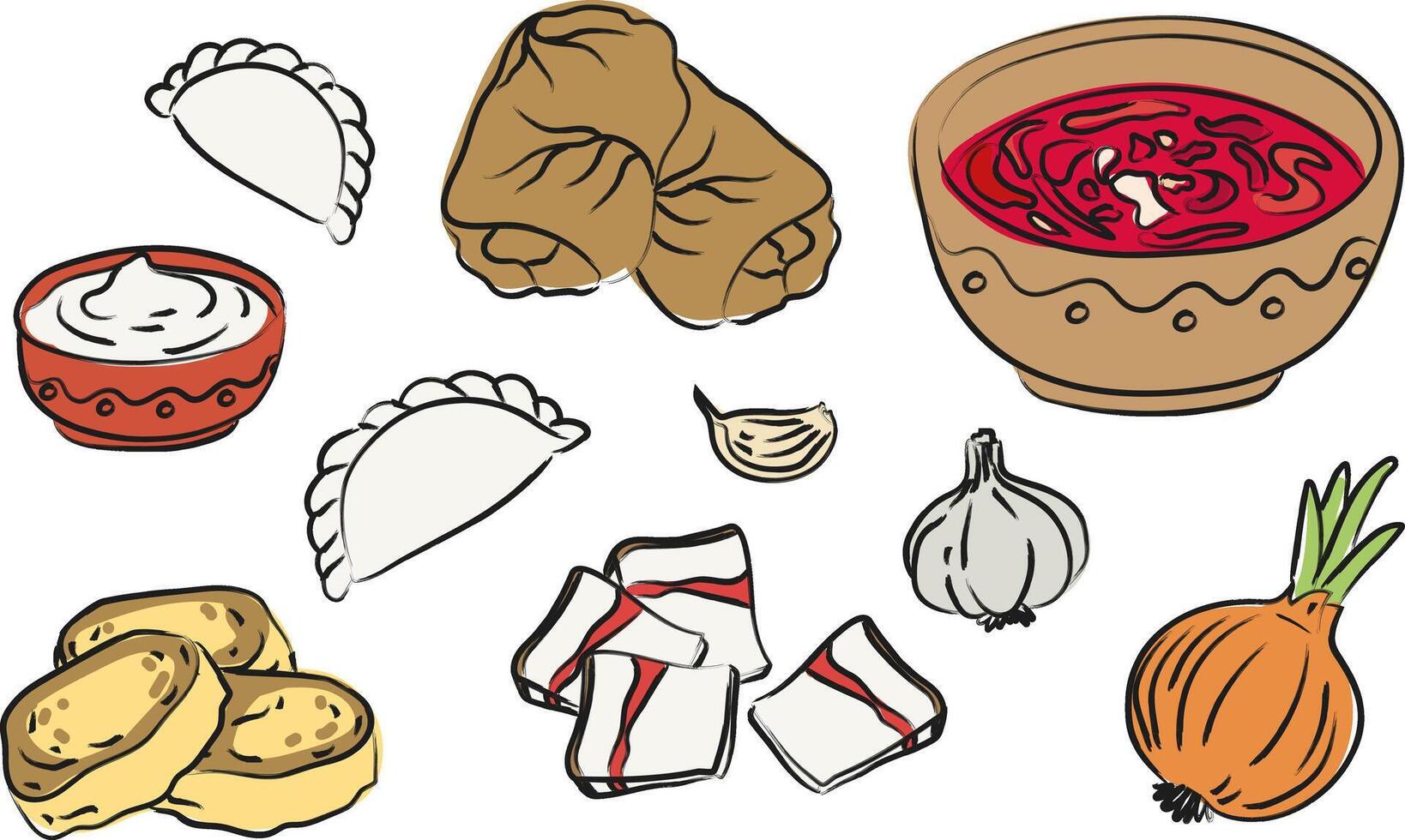 ukrainian traditional dishes illustration set borscht soup, holubtsi syrniki cheese pancakes, varenyky dumplings, salo pork fat, garlic, onion vector
