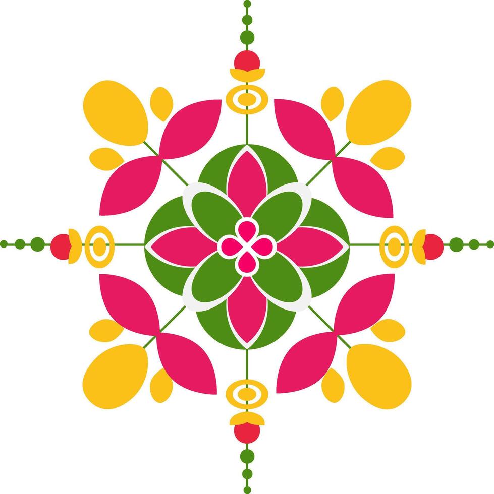 isolated colorful indian rangoli design element for diwali festival, vibrant geometric floral pattern in yellow, green, and pink, festive decoration on white vector