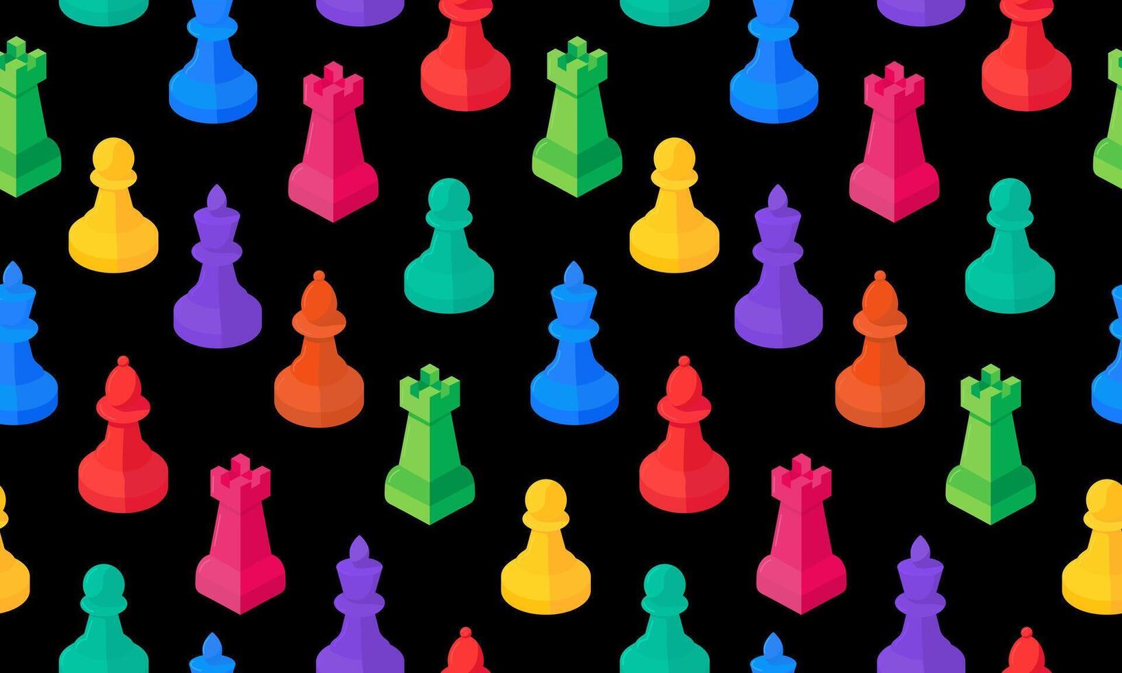 bright seamless chess pattern colorful pieces including rook, bishop, pawn, king queen black background playful modern web design decor card wallpaper vector