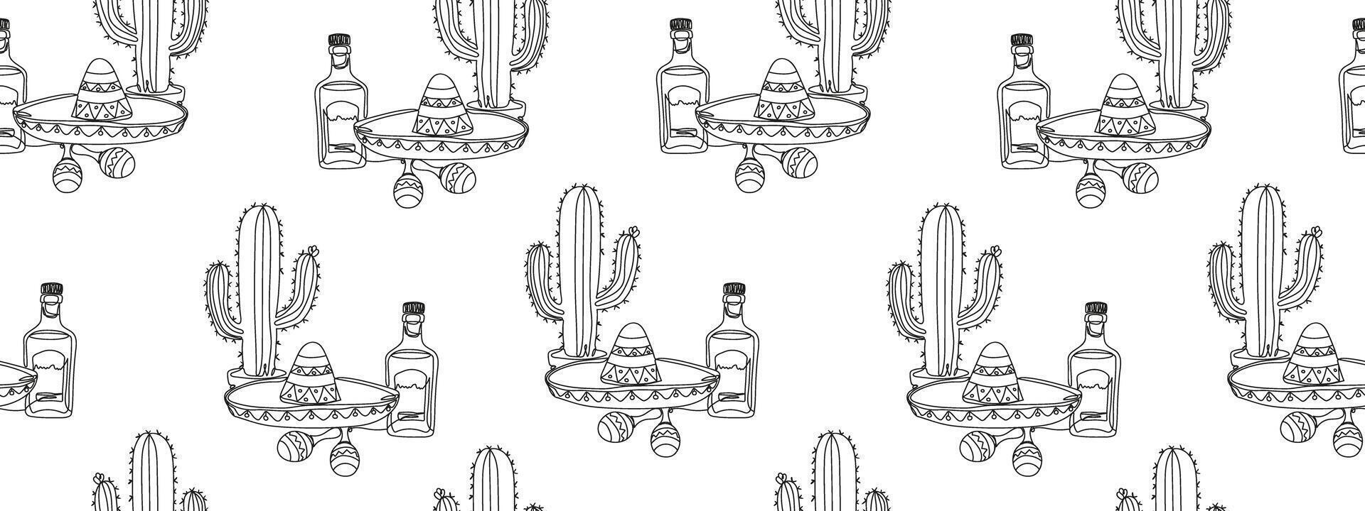 seamless pattern cactus sombrero tequila bottle maracas mexican fiesta elements white background, repeating outline design for cinco de mayo celebration, cultural symbols vector
